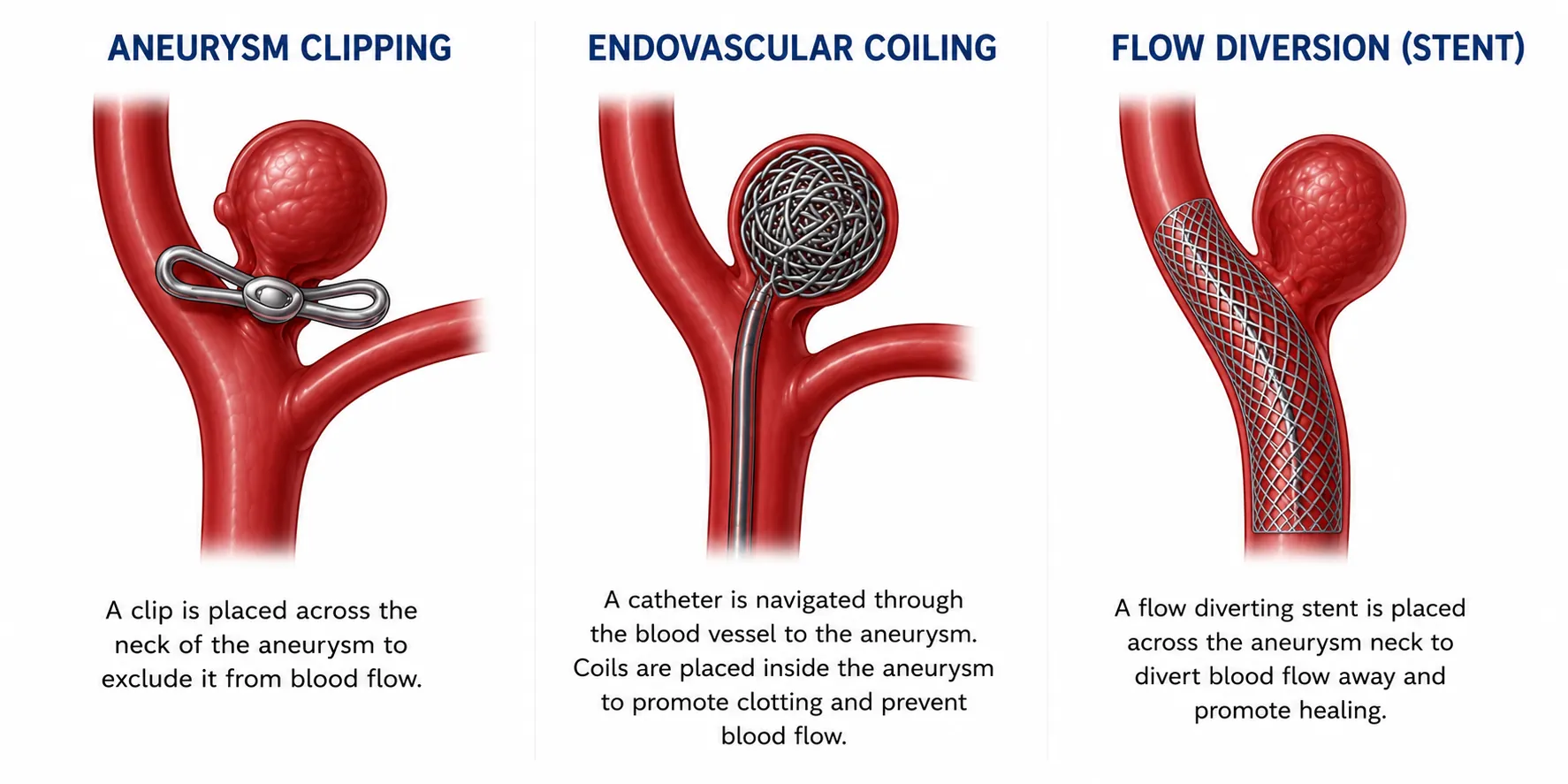 Comparison of three aneurysm treatment approaches: flow diversion, coiling, and clipping