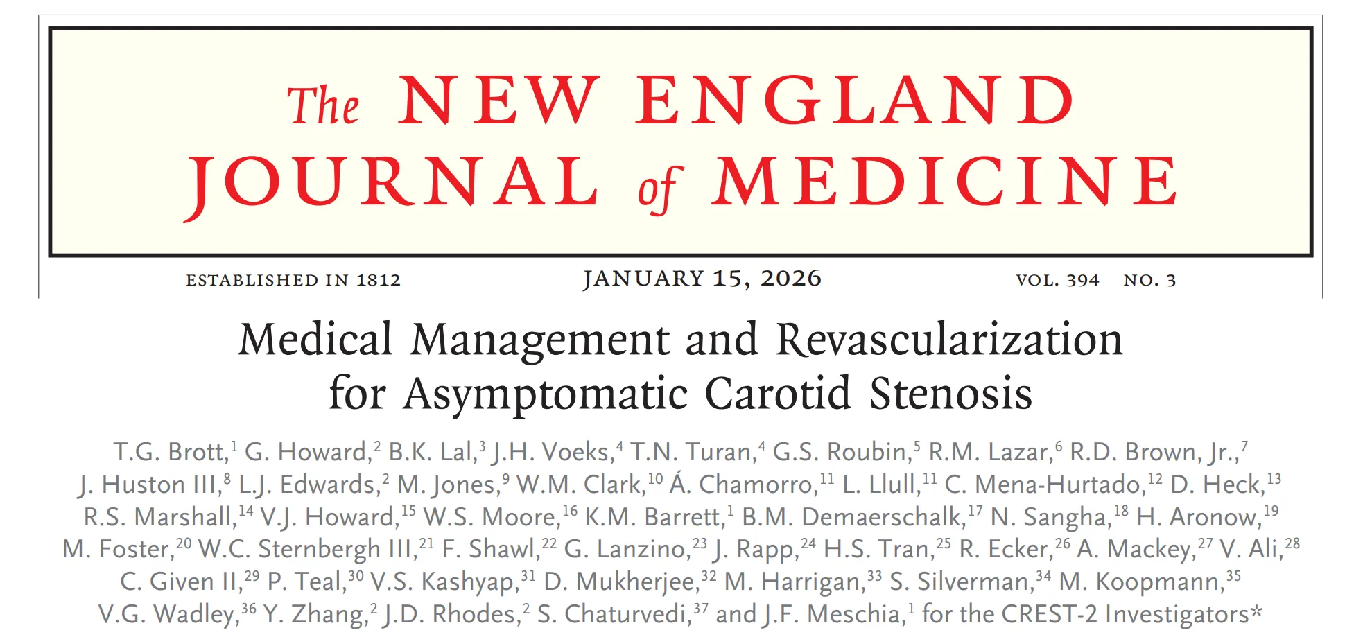 CREST-2 trial publication in the New England Journal of Medicine, January 15, 2026